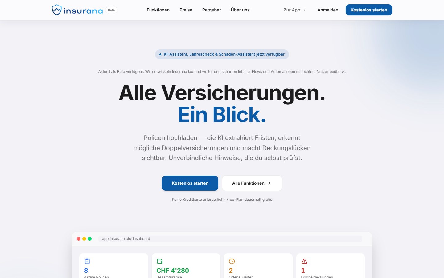 Illustratives Insurana-Dashboard mit Übersicht zu Versicherungen und Aufgaben